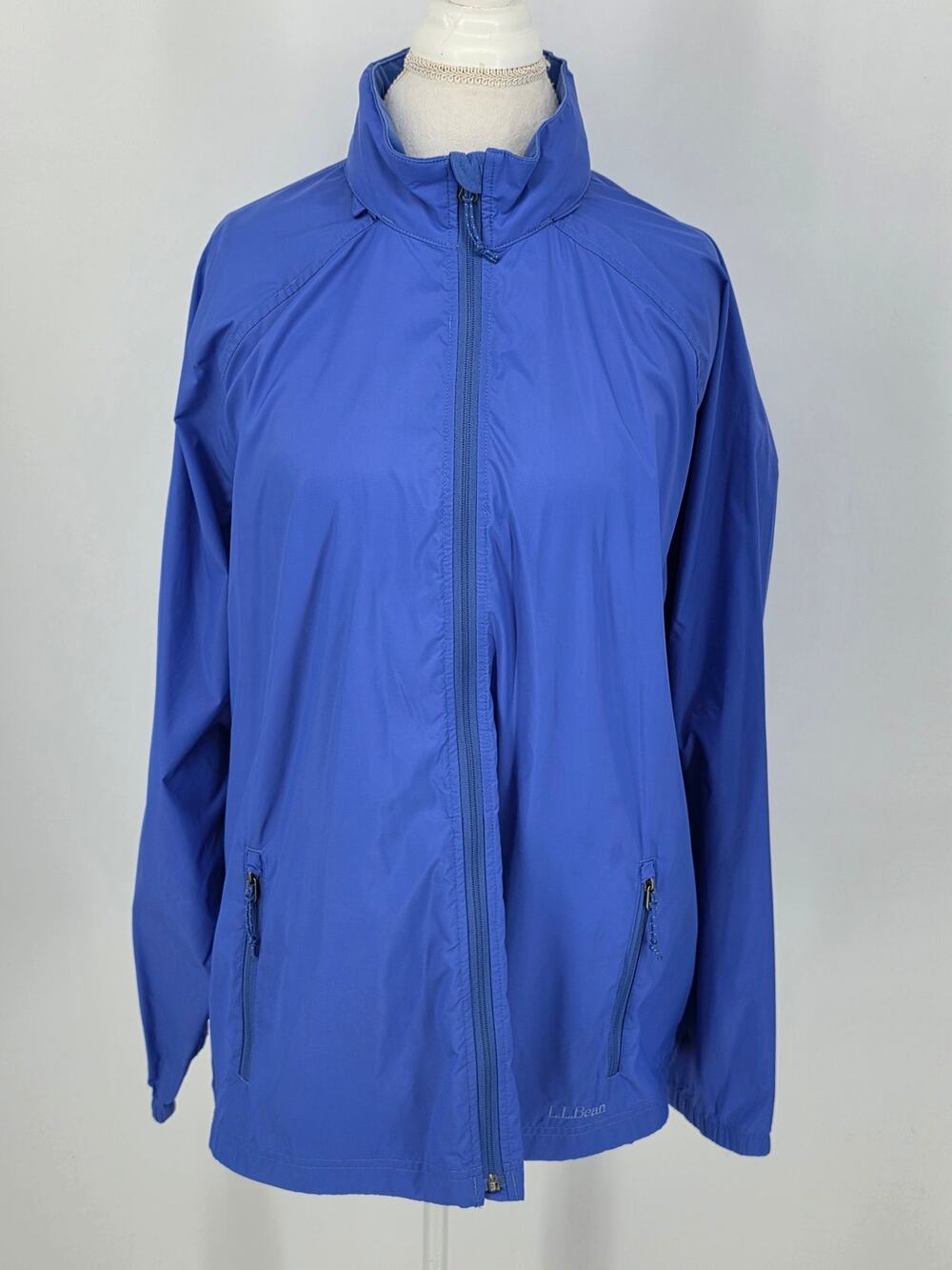 LL Bean Windbreaker Jacket Blue Full Zip Packable Hood Outerwear Women 3X